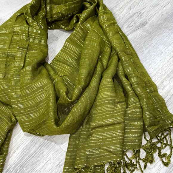 Olive Green Metallic Shimmer Lightweight Shawl Wrap Scarf with Fringe - Picture 4 of 6